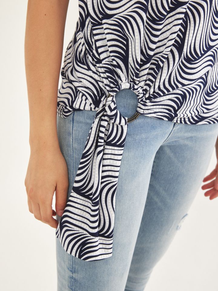 חולצה דפוס אבזם קשירה בצבע כחול/לבן