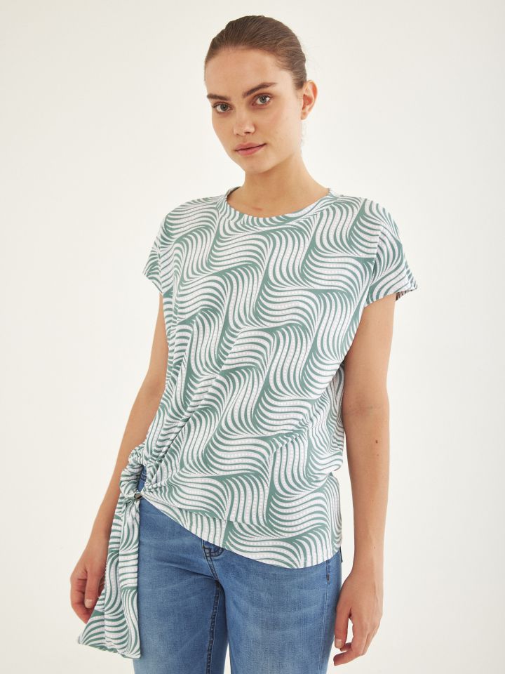 חולצה דפוס אבזם קשירה בצבע ירוק בהיר