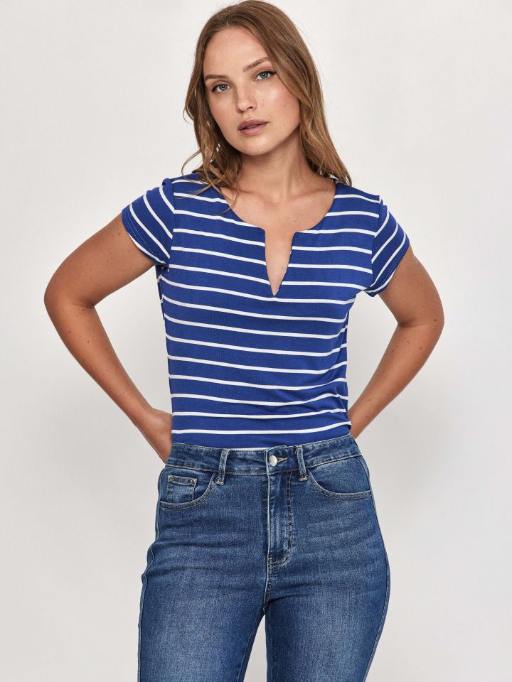 חולצה פסים פתח PROMO V בצבע נייבי