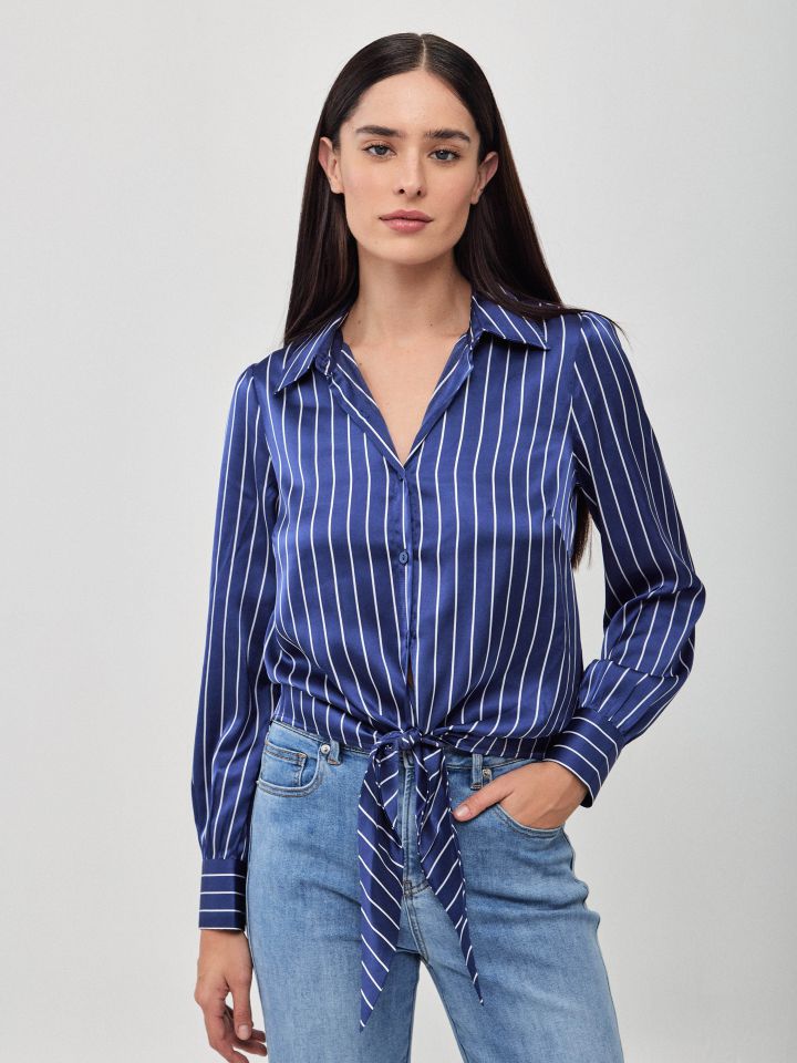 חולצה סטן פסים קשירה בצבע נייבי