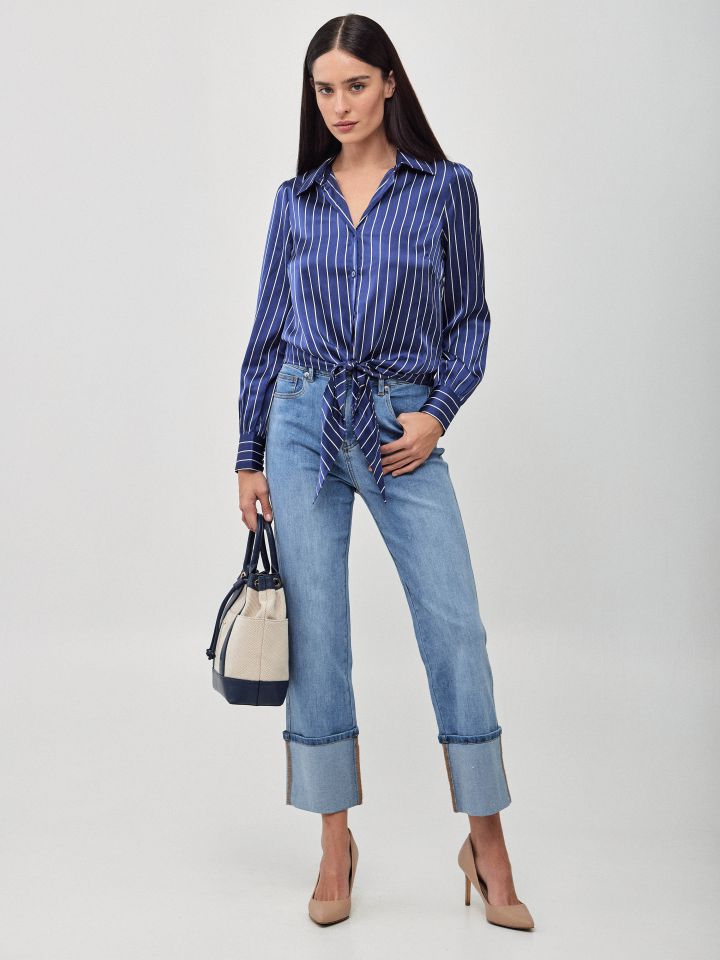 חולצה סטן פסים קשירה בצבע נייבי