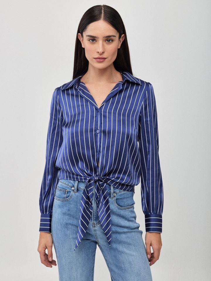 חולצה סטן פסים קשירה בצבע נייבי