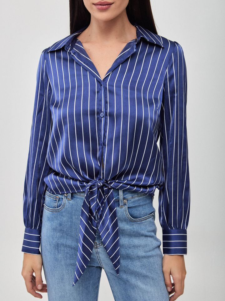 חולצה סטן פסים קשירה בצבע נייבי