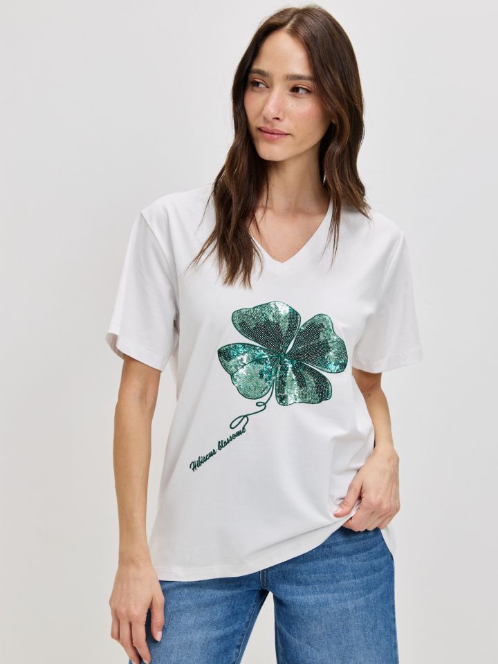 חולצה V פרח PROMO בצבע לבן