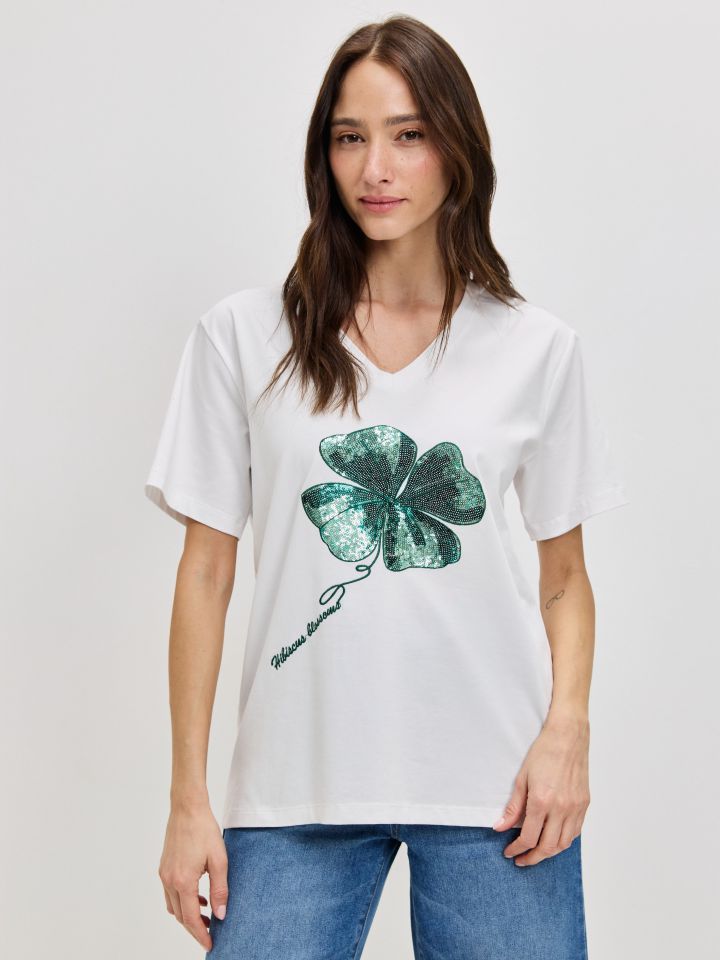 חולצה V פרח PROMO בצבע לבן