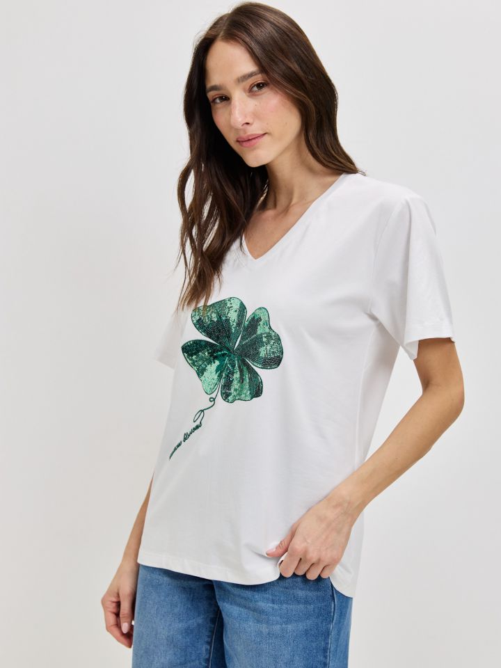 חולצה V פרח PROMO בצבע לבן