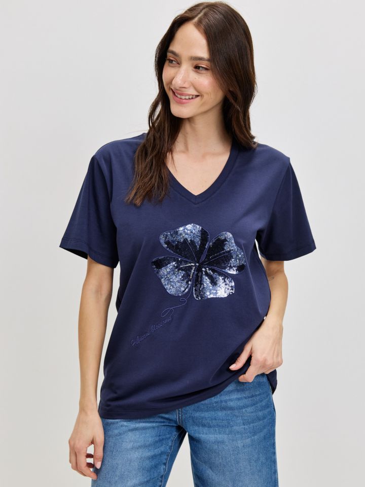 חולצה V פרח PROMO בצבע נייבי