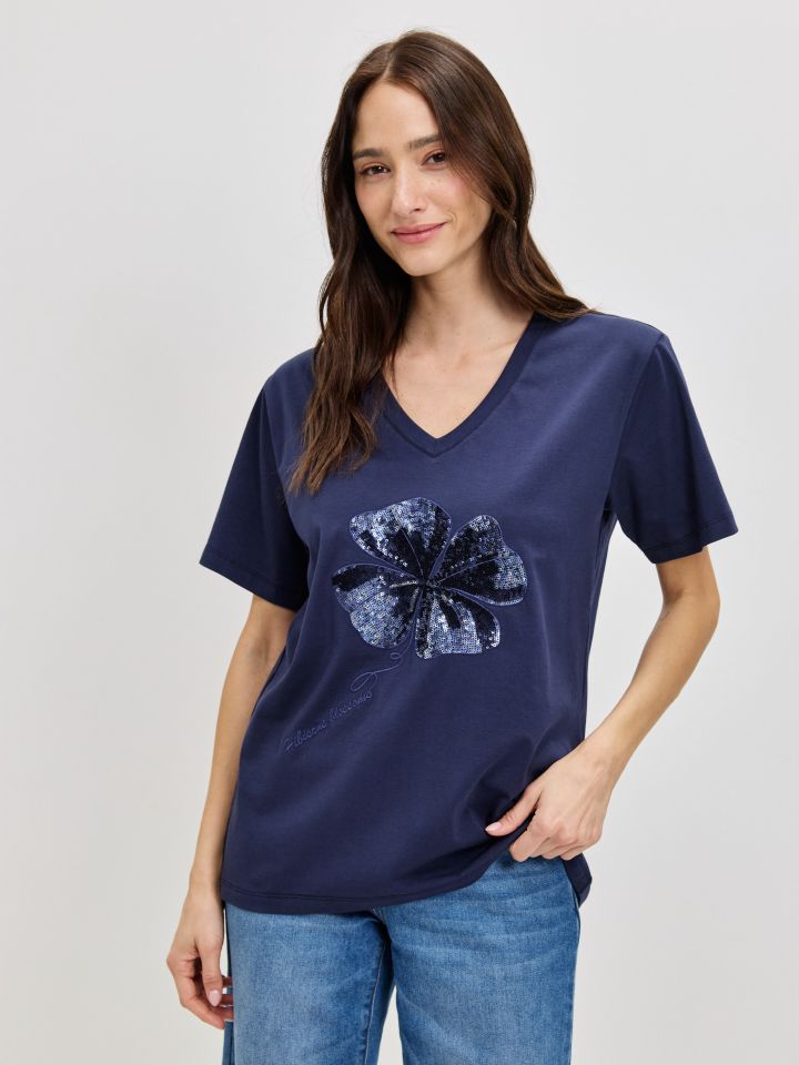 חולצה V פרח PROMO בצבע נייבי