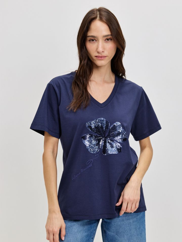 חולצה V פרח PROMO בצבע נייבי