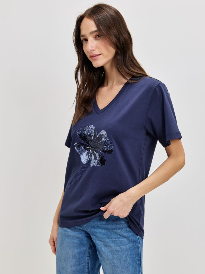 חולצה V פרח PROMO בצבע נייבי