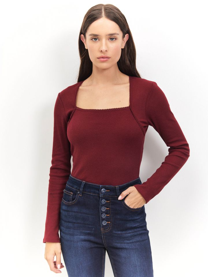 חולצה ריב פתח ברובע PROMO בצבע בורדו