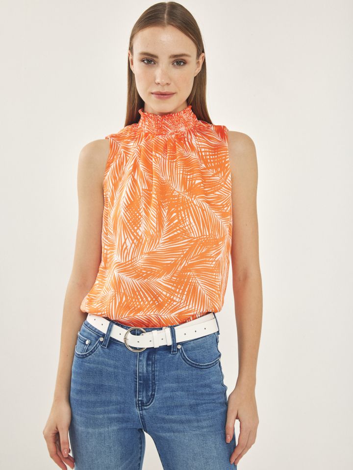 חולצה חצי גולף דפוס בצבע כתום