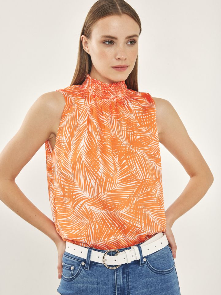 חולצה חצי גולף דפוס בצבע כתום