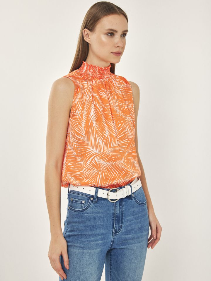 חולצה חצי גולף דפוס בצבע כתום