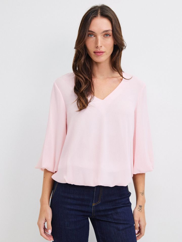 חולצה V בלון PROMO בצבע ורוד עתיק
