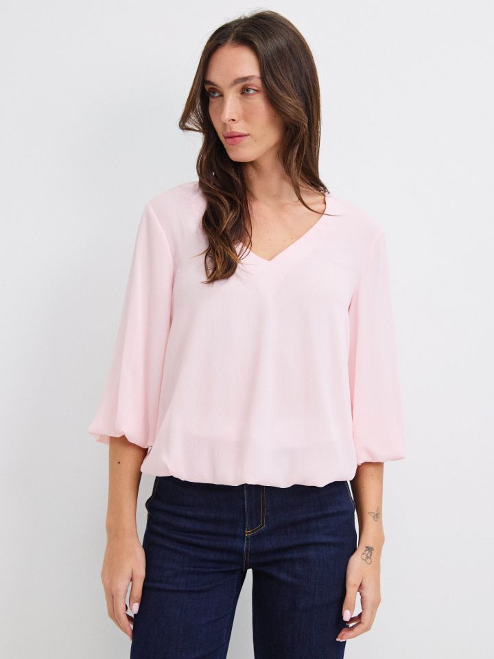 חולצה V בלון PROMO בצבע ורוד עתיק
