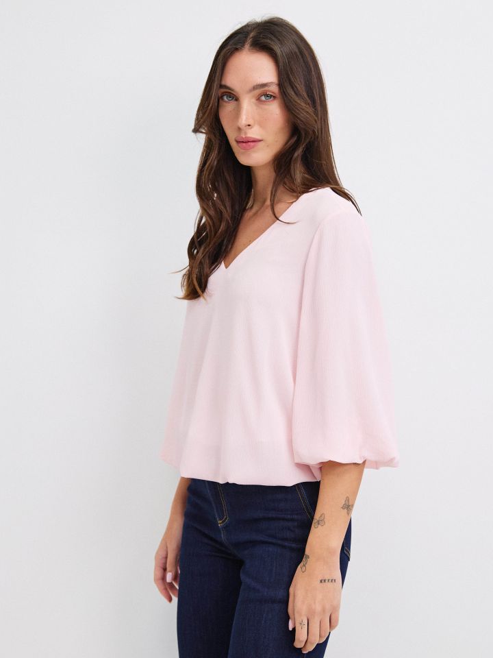 חולצה V בלון PROMO בצבע ורוד עתיק