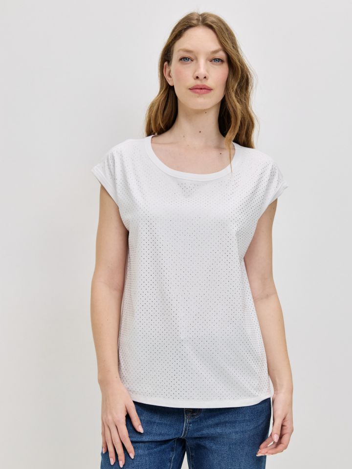 חולצה פרונט דמוי יהלומים בצבע לבן