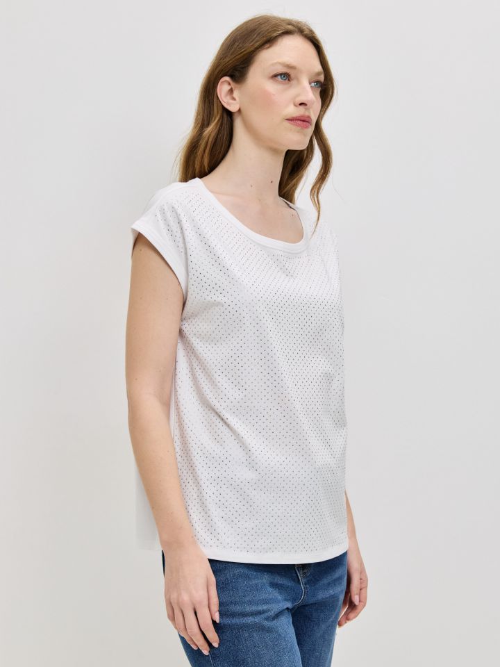 חולצה פרונט דמוי יהלומים בצבע לבן