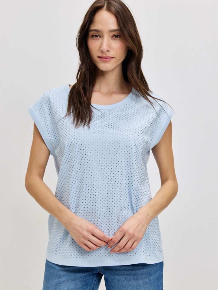 חולצה פרונט דמוי יהלומים בצבע תכלת