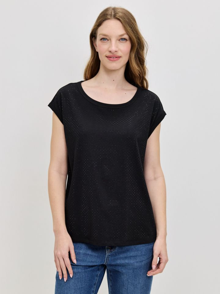 חולצה פרונט דמוי יהלומים בצבע שחור