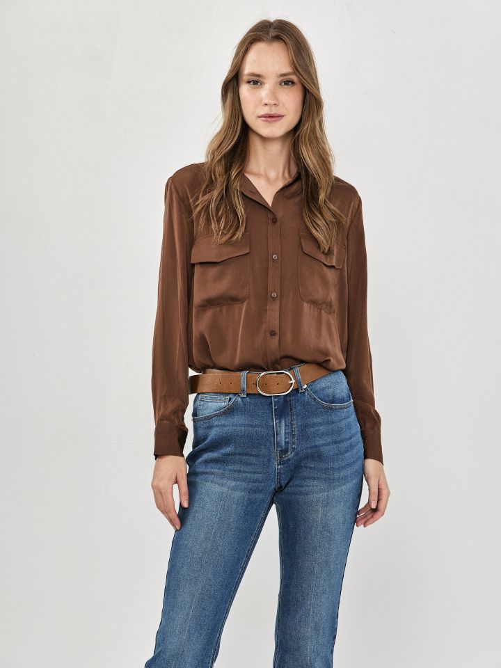 חולצה צוארון כיסים PROMO בצבע חום בינוני