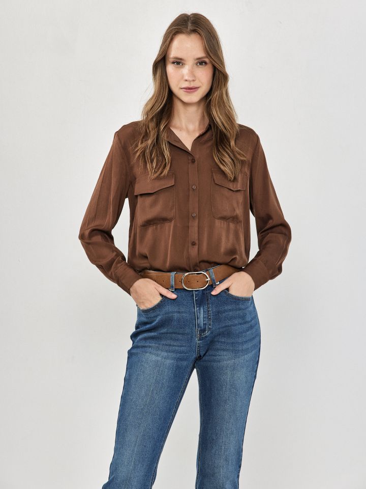 חולצה צוארון כיסים PROMO בצבע חום בינוני