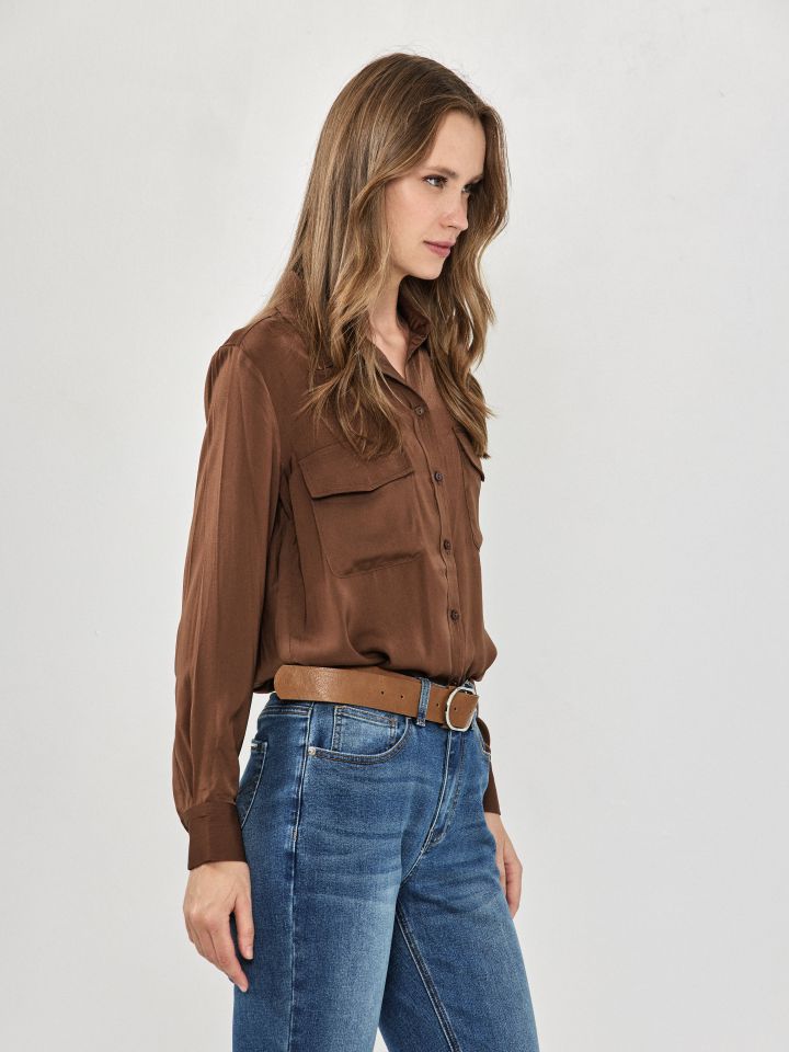 חולצה צוארון כיסים PROMO בצבע חום בינוני