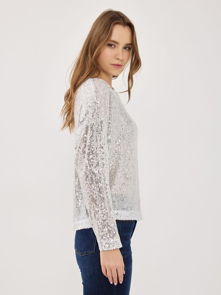 חולצה פייטים עטלף בצבע לבן