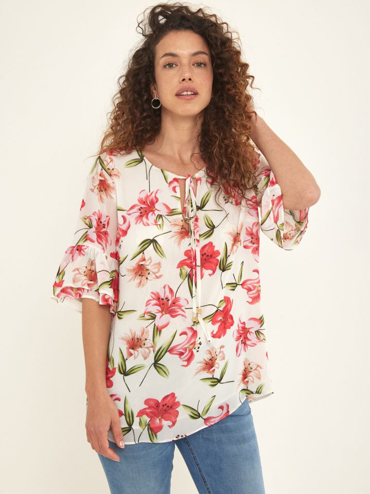 חולצה דפוס פרחים + קשירה בצבע לבן