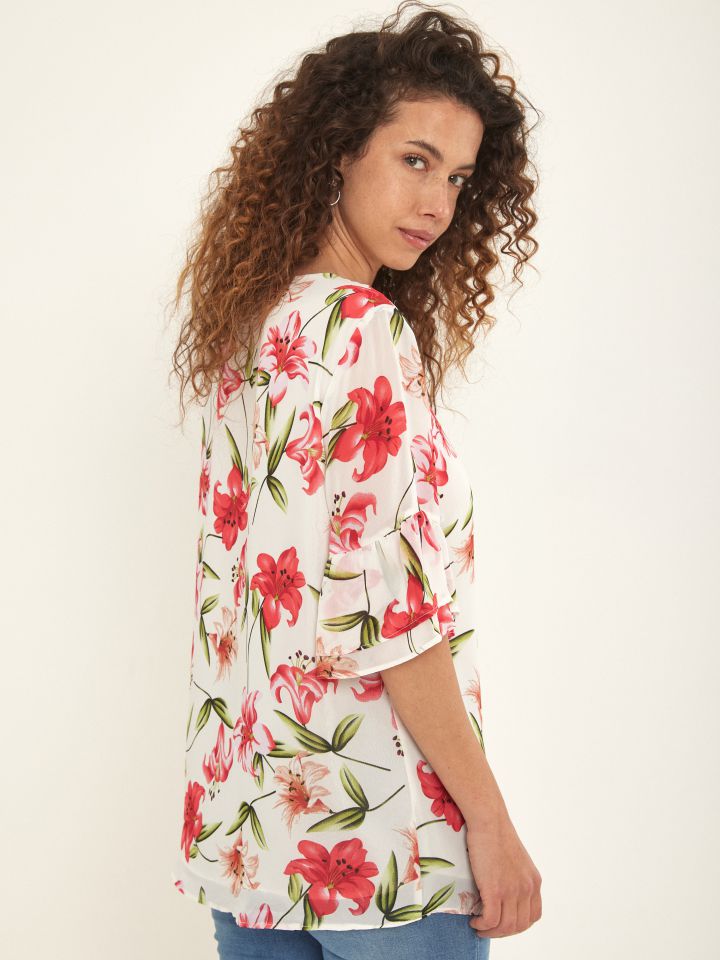 חולצה דפוס פרחים + קשירה בצבע לבן