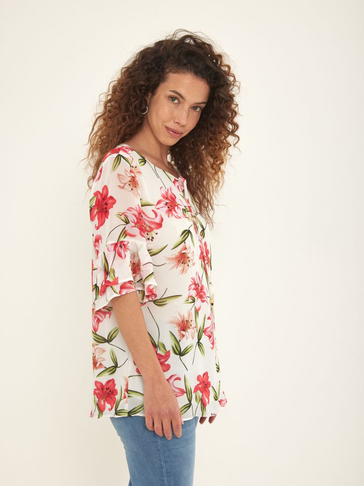 חולצה דפוס פרחים + קשירה בצבע לבן
