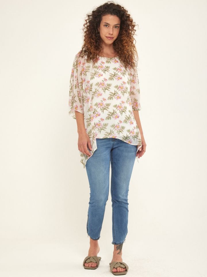 חולצה דפוס פרחים עטלף בצבע לבן