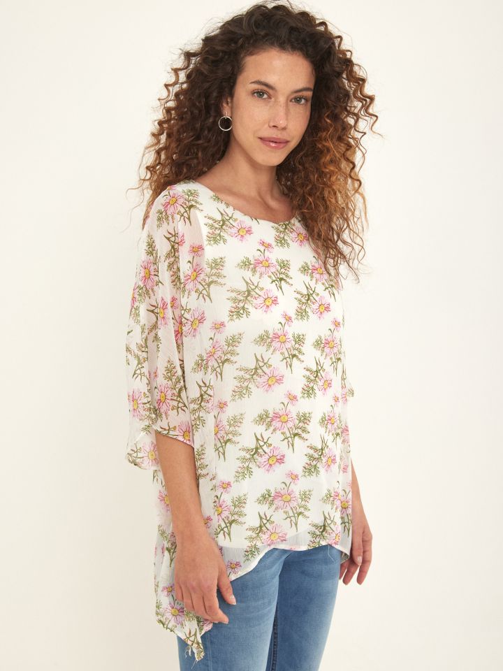 חולצה דפוס פרחים עטלף בצבע לבן