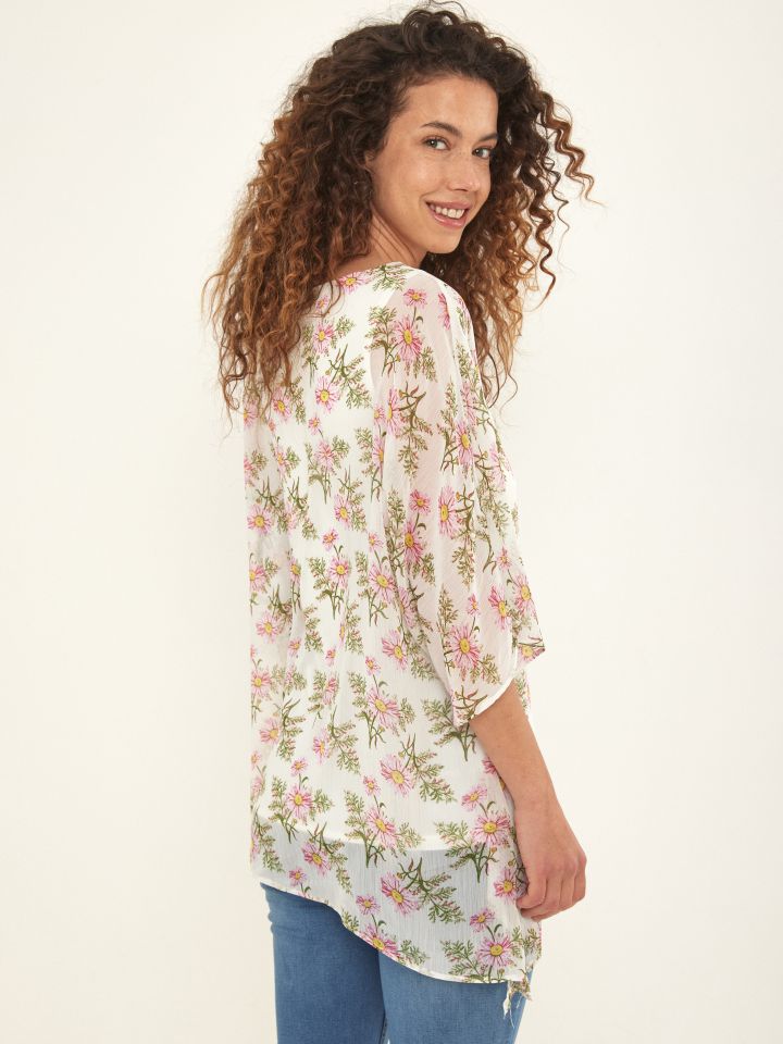 חולצה דפוס פרחים עטלף בצבע לבן