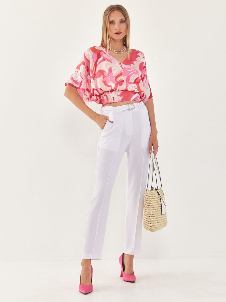 חולצה V עטלף דפוס בצבע פוקסיה