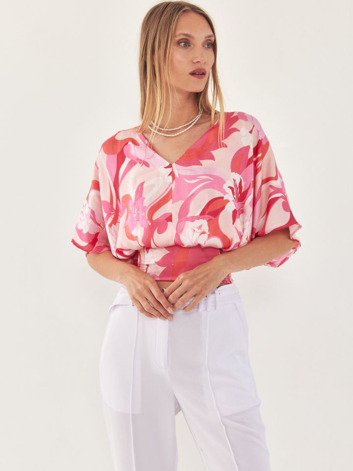 חולצה V עטלף דפוס בצבע פוקסיה