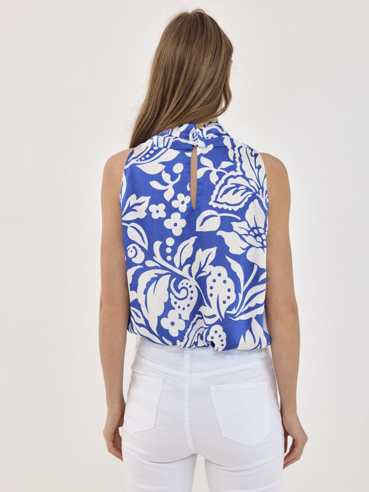 חולצה דפוס V פתח קשירה בצבע כחול