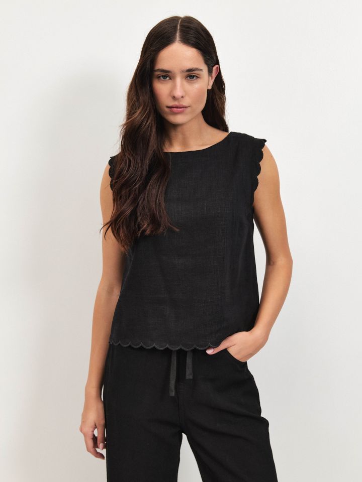 חולצה מראה פשתן גימור ריקמות בצבע שחור