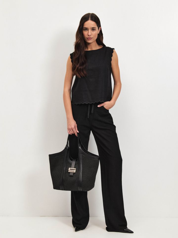 חולצה מראה פשתן גימור ריקמות בצבע שחור