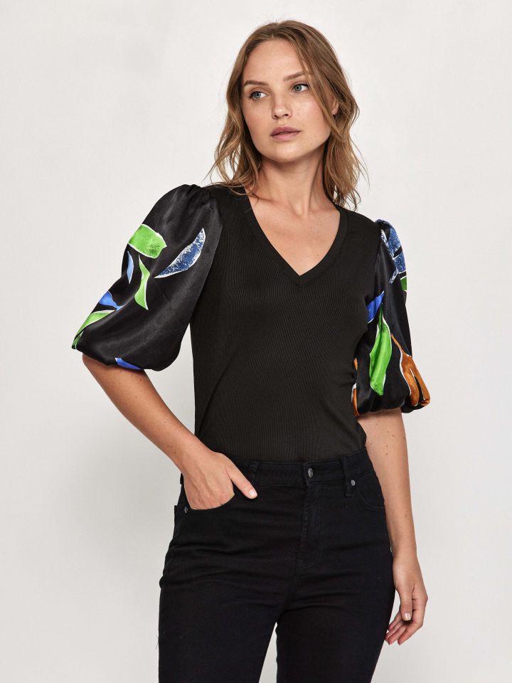 חולצה ריב V שרוול דפוס בצבע פרחוני