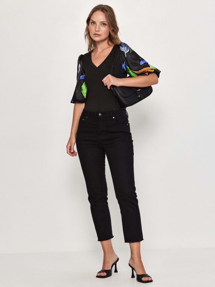 חולצה ריב V שרוול דפוס בצבע פרחוני