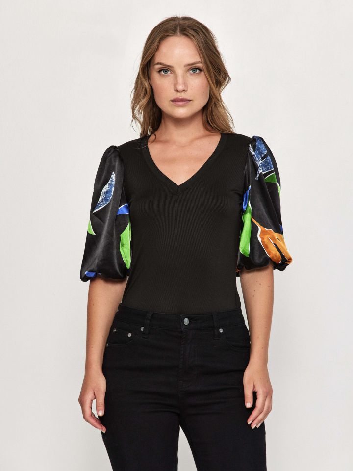 חולצה ריב V שרוול דפוס בצבע פרחוני