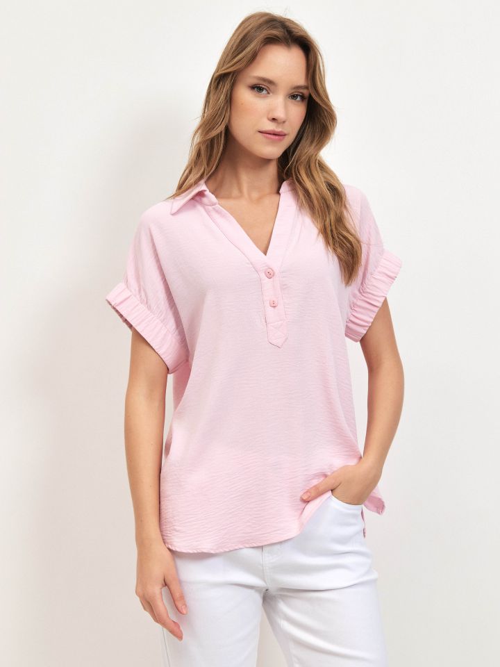חולצה צוארון גומי בשרוול PROMO בצבע ורוד