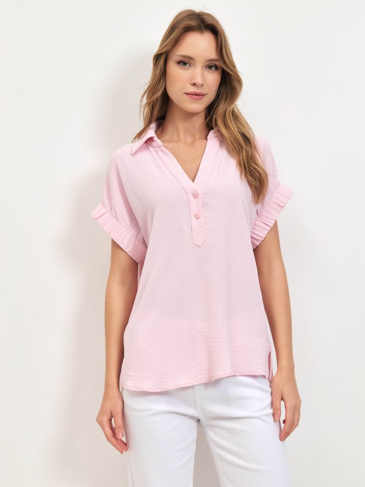 חולצה צוארון גומי בשרוול PROMO בצבע ורוד