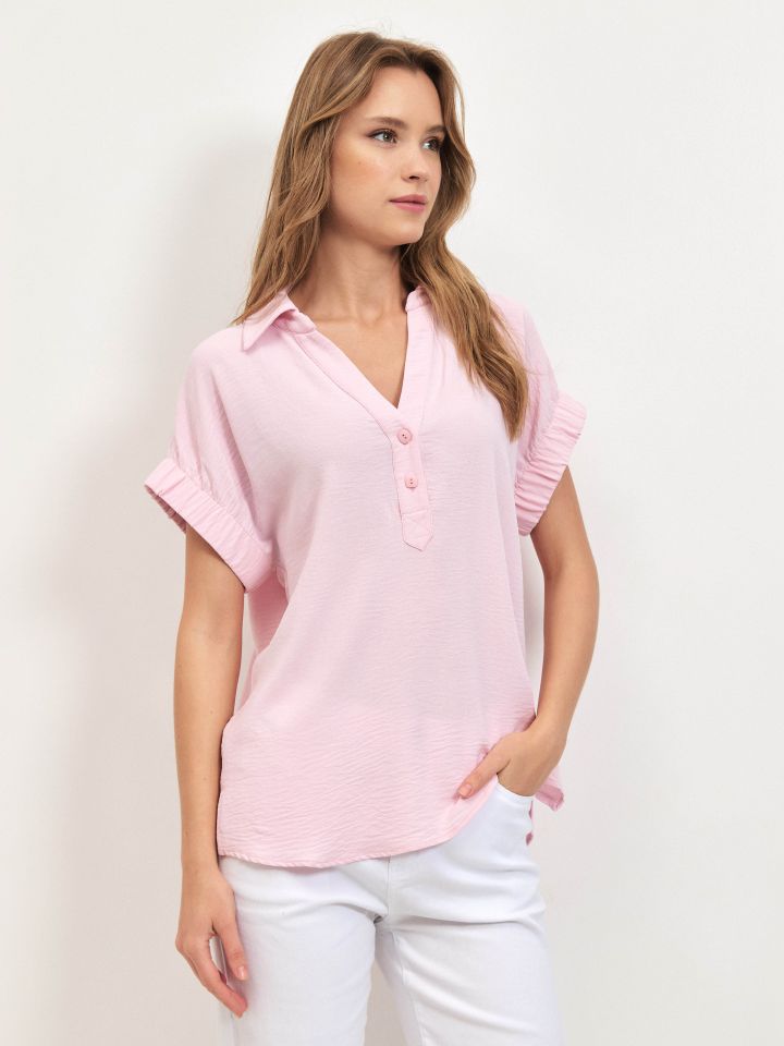 חולצה צוארון גומי בשרוול PROMO בצבע ורוד