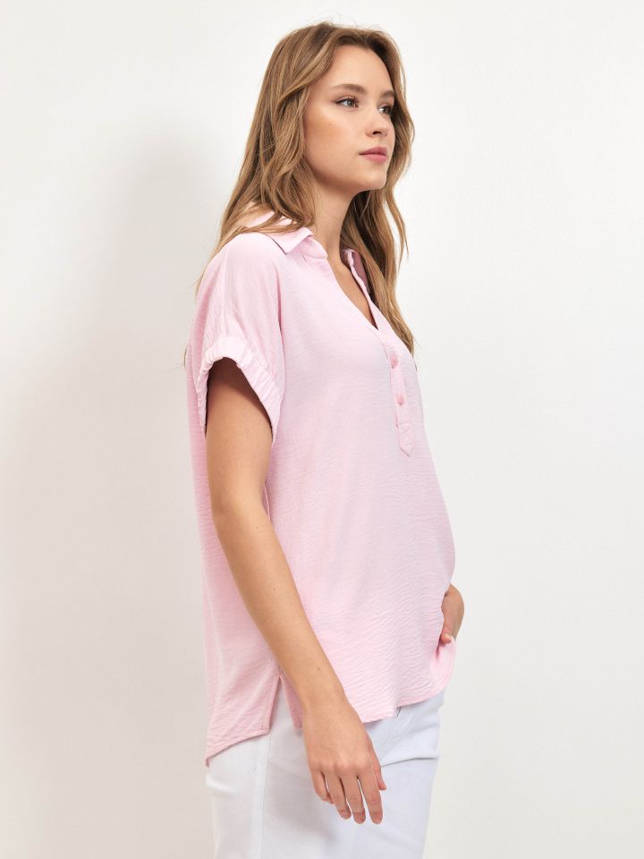 חולצה צוארון גומי בשרוול PROMO בצבע ורוד