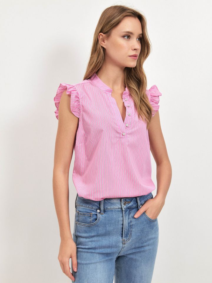 חולצה פסים שרוול מלמלה בצבע ורוד