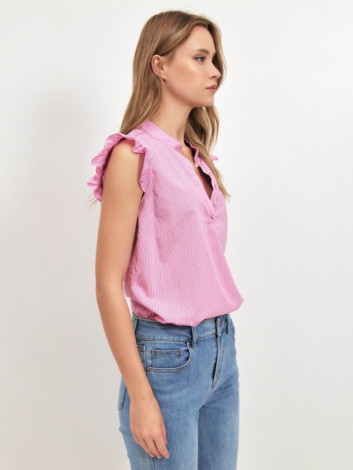 חולצה פסים שרוול מלמלה בצבע ורוד