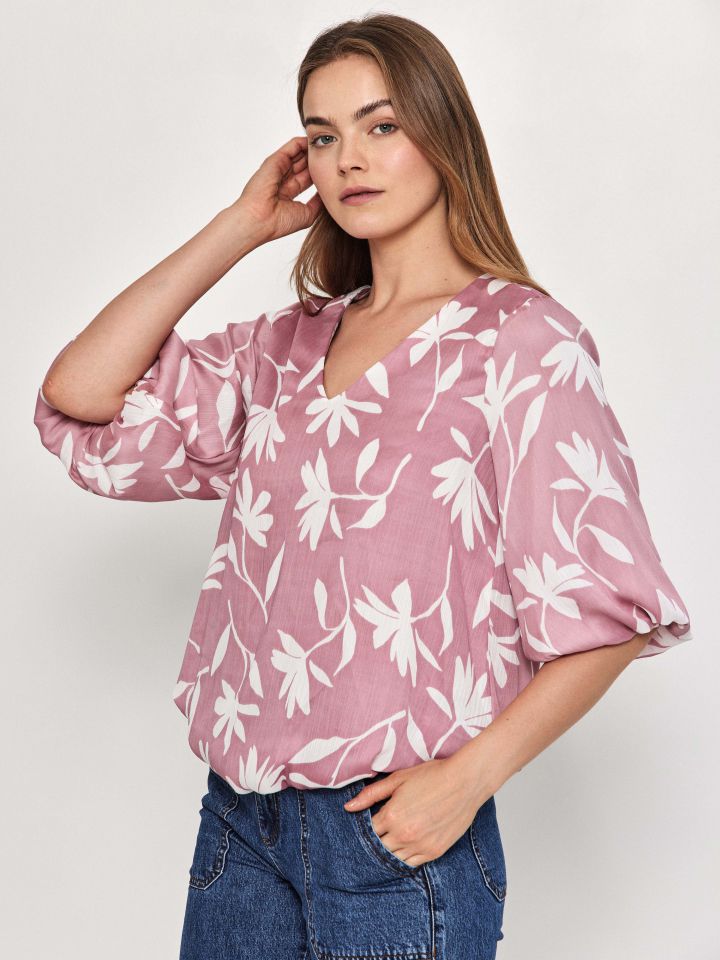 חולצה V שרוול בלון דפוס בצבע ורוד עתיק